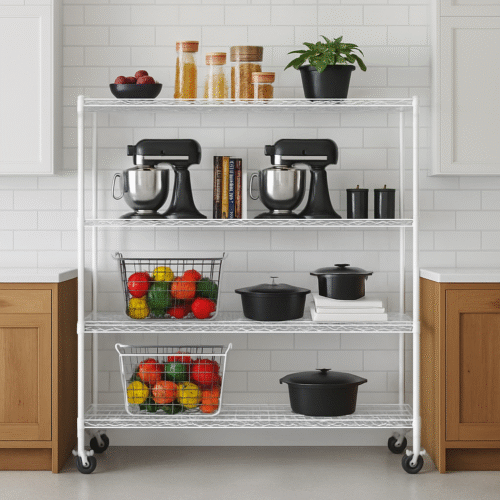 Estantería de 4 niveles con ruedas / blanca (120 x 120 x 45)