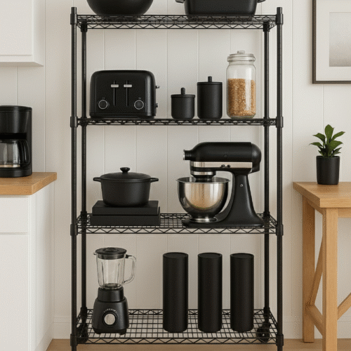 Estanteria de 4 niveles con ruedas / negra (120 x 90 x 50)