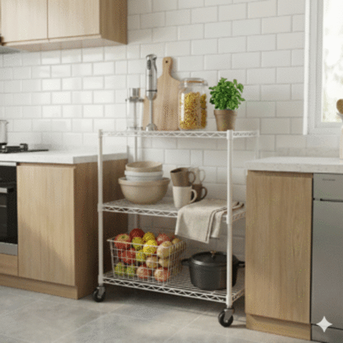 Estanteria de 3 niveles con ruedas / blanca (90 x 90 x 50)